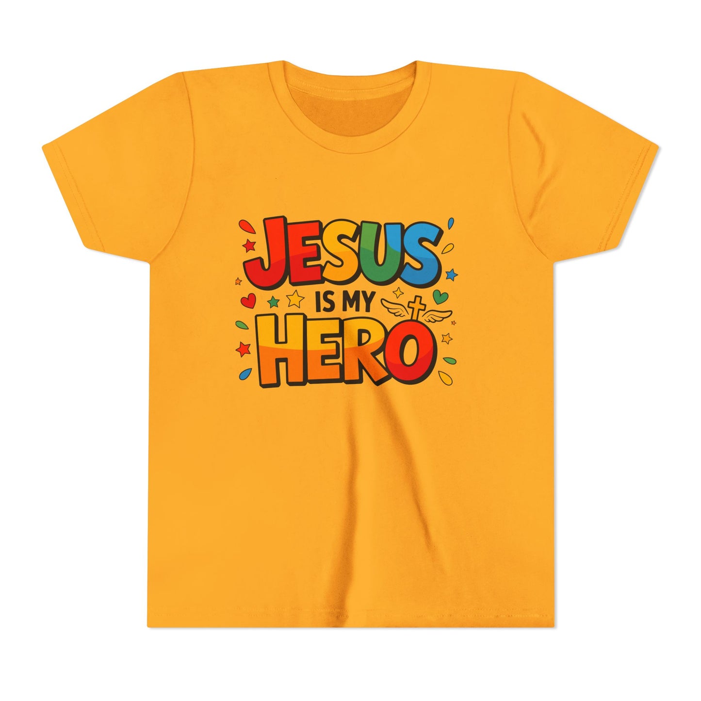 Youth Tee — "Jesus Is My Hero" Colorful Kids Christian T-Shirt