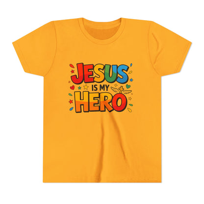 Youth Tee — "Jesus Is My Hero" Colorful Kids Christian T-Shirt