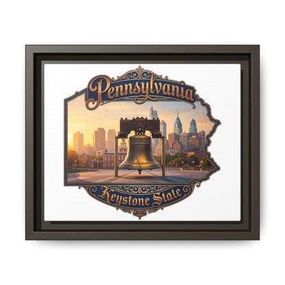 Pennsylvania Keystone State Framed Canvas Wall Art — Liberty Bell & Philadelphia Skyline