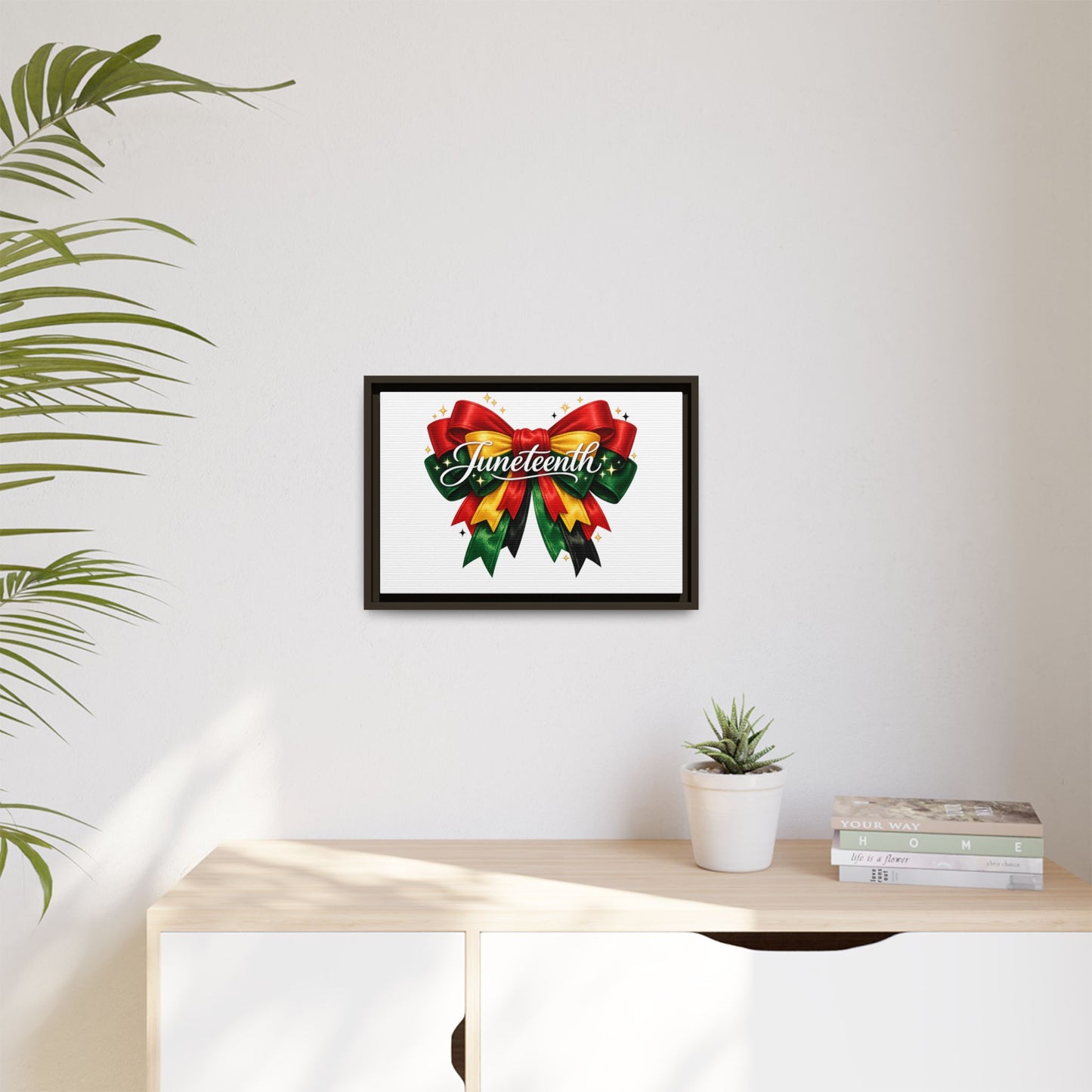 Juneteenth Framed Canvas Print – Festive Red, Green & Gold Ribbon Wall Art