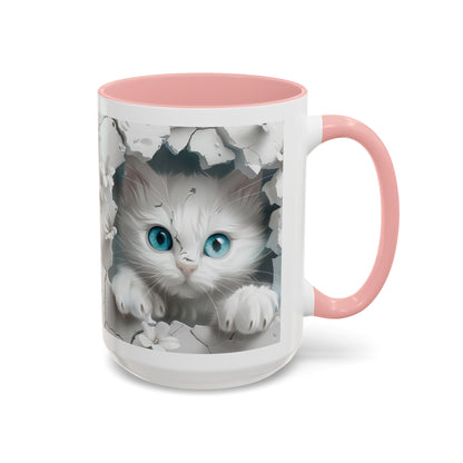 Cute Blue-Eyed Kitten Accent Coffee Mug – Floral Peekaboo Cat Design (11/15 oz)