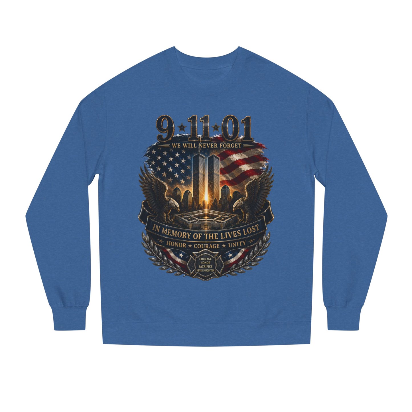 9/11 Memorial Sweatshirt - ‘We Will Never Forget’ Tribute Crewneck with Twin Towers & Flag