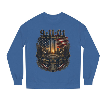 9/11 Memorial Sweatshirt - ‘We Will Never Forget’ Tribute Crewneck with Twin Towers & Flag