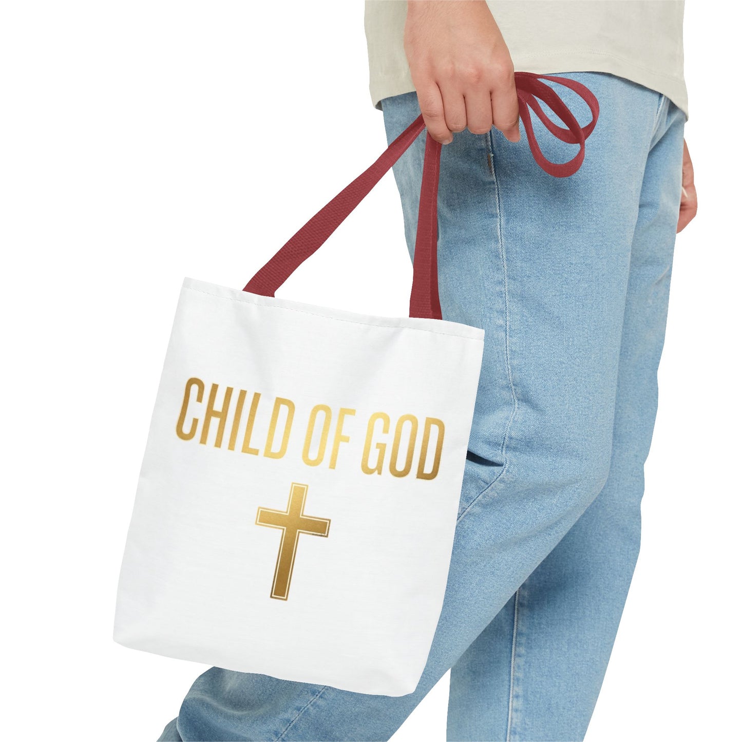 Child of God Tote Bag — Gold Cross Religious Canvas Tote