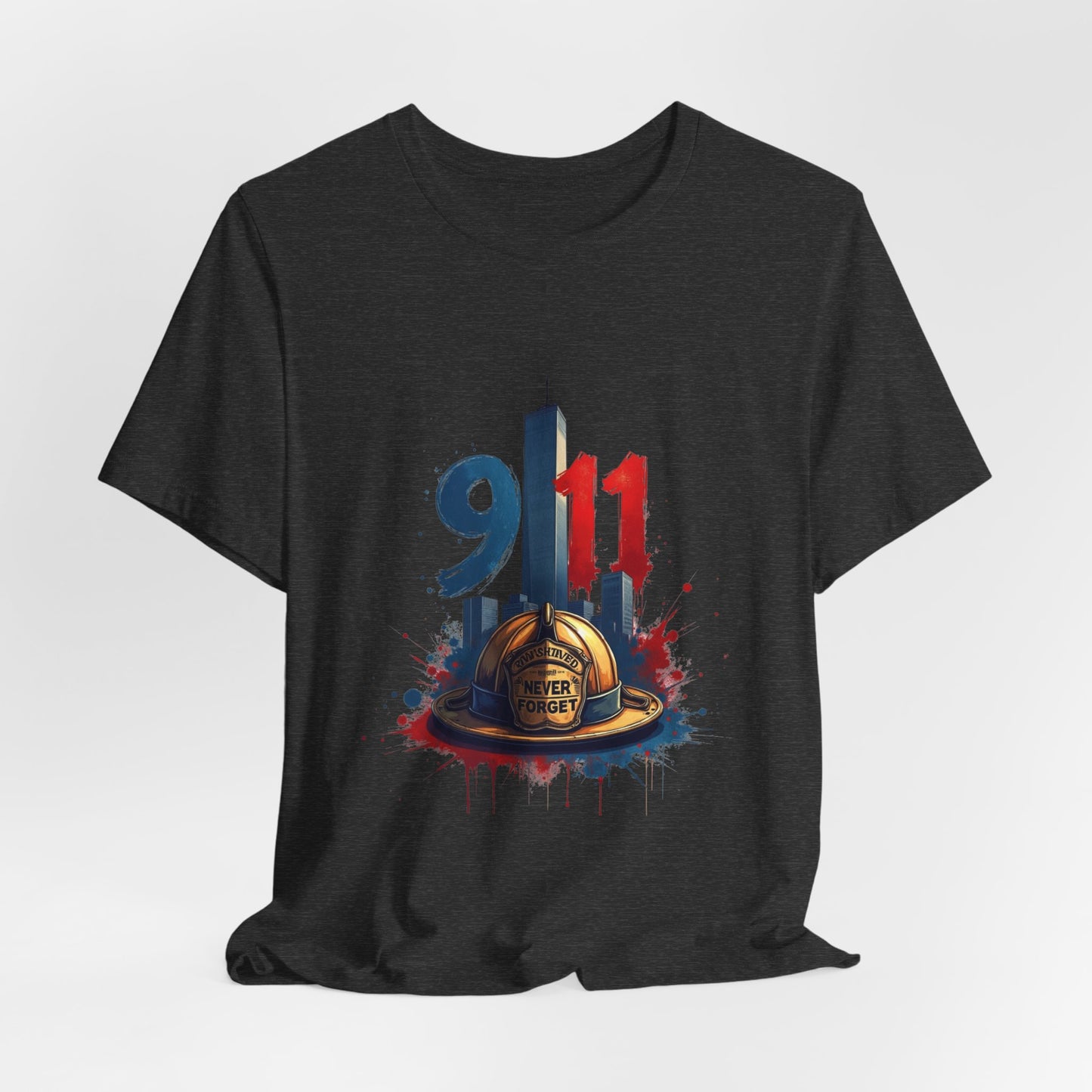 9/11 Firefighter Memorial Tee — Tribute T-Shirt with Helmet & Twin Towers Design