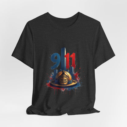 9/11 Firefighter Memorial Tee — Tribute T-Shirt with Helmet & Twin Towers Design