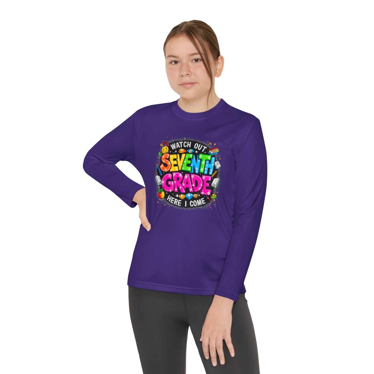 Seventh Grade Youth Long Sleeve Tee — "Watch Out Seventh Grade Here I Come" Back-to-School Shirt