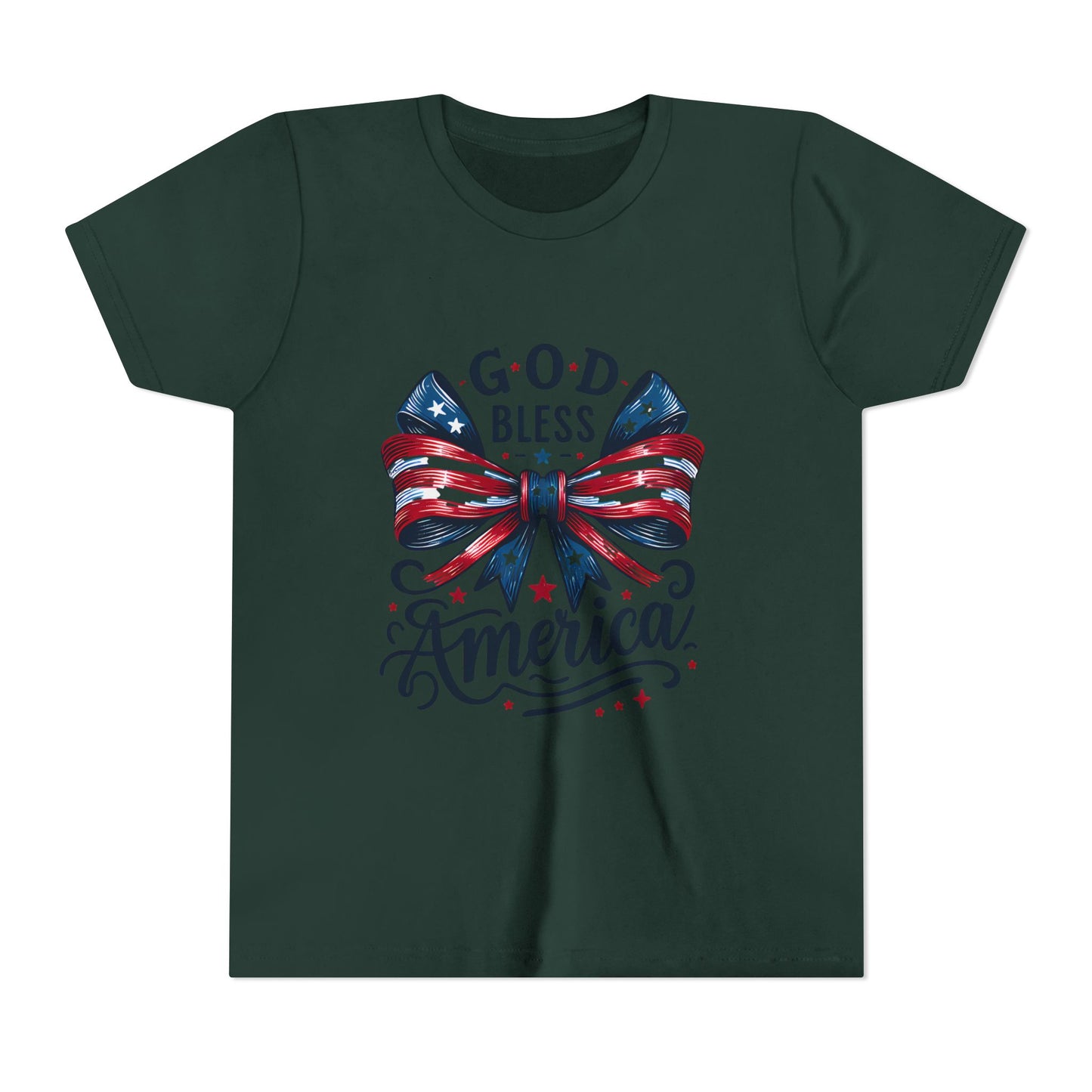 Youth Tee — "God Bless America" Patriotic Bow T-Shirt (4th of July, Memorial Day)