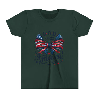 Youth Tee — "God Bless America" Patriotic Bow T-Shirt (4th of July, Memorial Day)