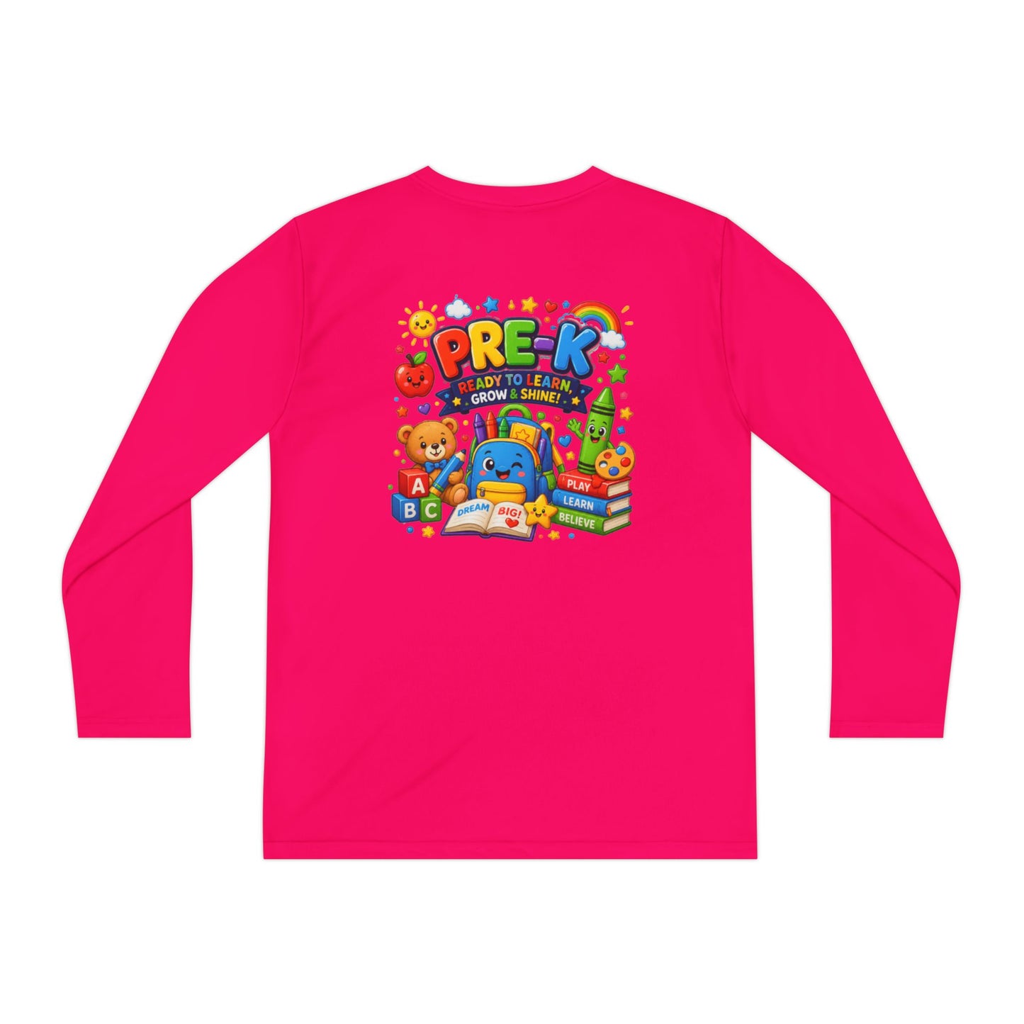 PRE-K Kids Long Sleeve Tee — Back-to-School Preschool Shirt ("Ready to Learn, Grow & Shine")