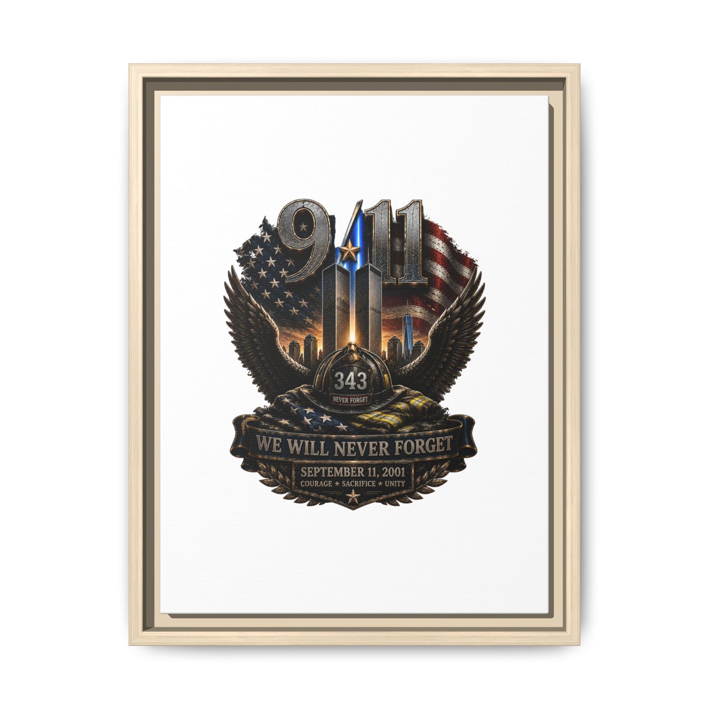 9/11 Memorial Matte Canvas Print — "We Will Never Forget" Framed Tribute