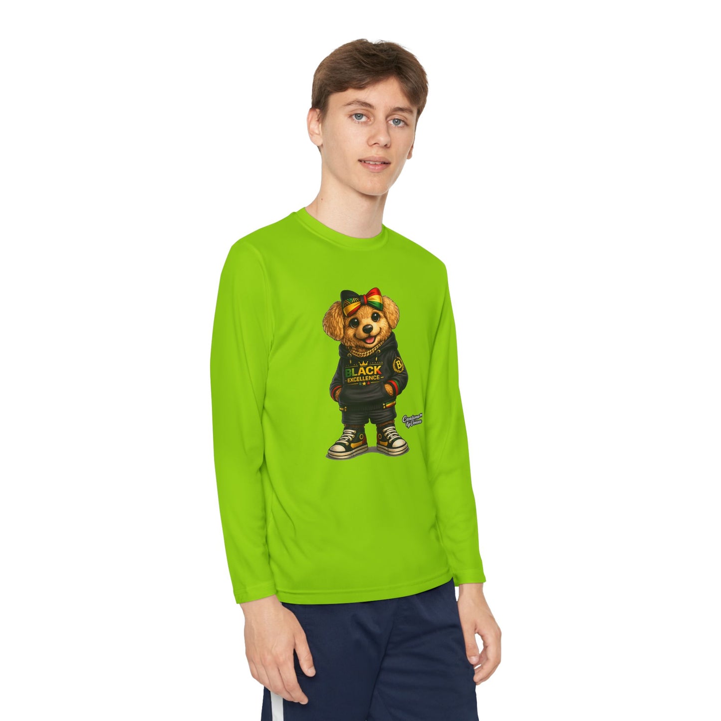 Youth Long Sleeve Tee — Trendy Bear Graphic "Black Excellence"