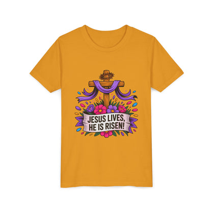 Youth Tee — "Jesus Lives, He Is Risen!" Easter Christian Tee
