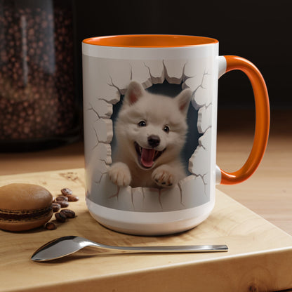 Cute Puppy Breaking Wall Accent Coffee Mug – Funny Smiling Dog Gift (11/15oz)