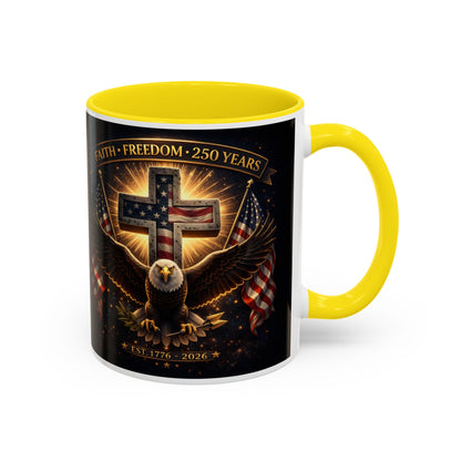 Patriotic Faith & Freedom Accent Coffee Mug — Eagle, Cross & American Flag (1776–2026)