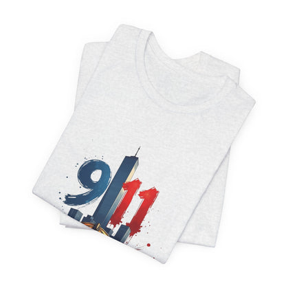 9/11 Firefighter Memorial Tee — Tribute T-Shirt with Helmet & Twin Towers Design