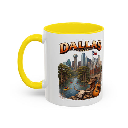 Dallas Skyline Accent Coffee Mug — Texas Souvenir Mug with Guitar & Cityscape
