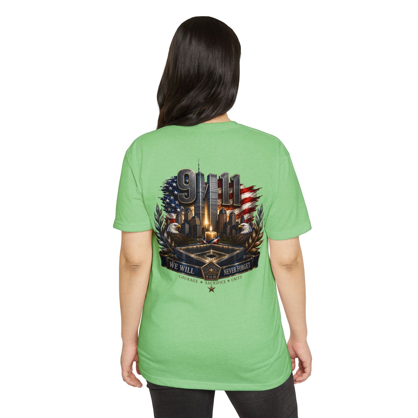 9/11 Never Forget Memorial T-Shirt — Tribute American Flag Skyline Tee