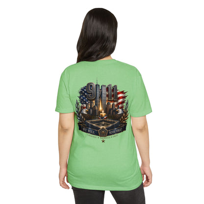 9/11 Never Forget Memorial T-Shirt — Tribute American Flag Skyline Tee