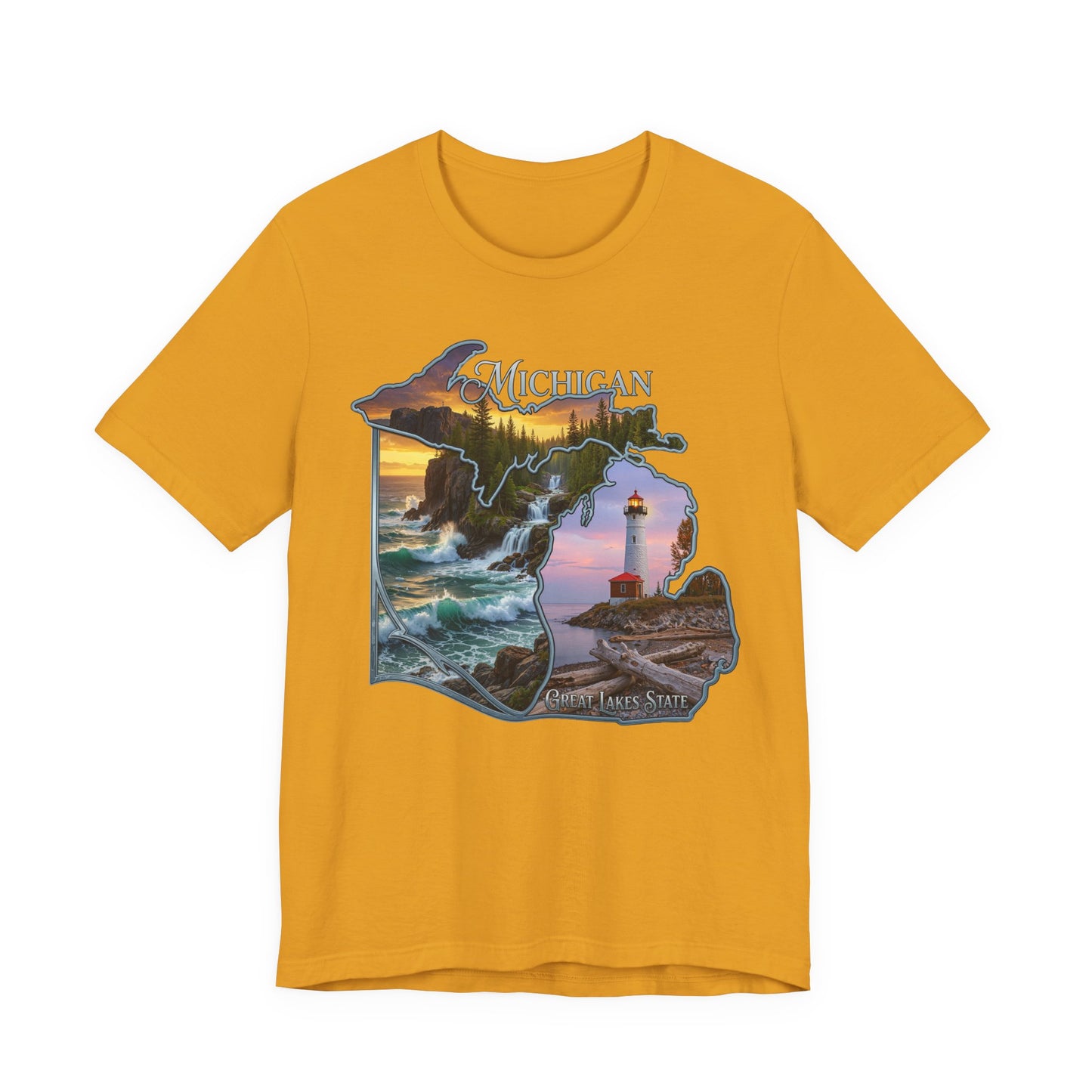 Michigan Scenic Map T-Shirt — Great Lakes Lighthouse Sunset Tee