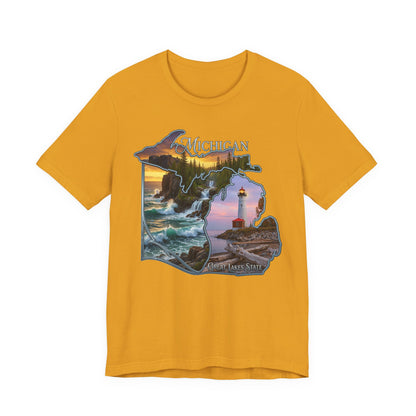 Michigan Scenic Map T-Shirt — Great Lakes Lighthouse Sunset Tee