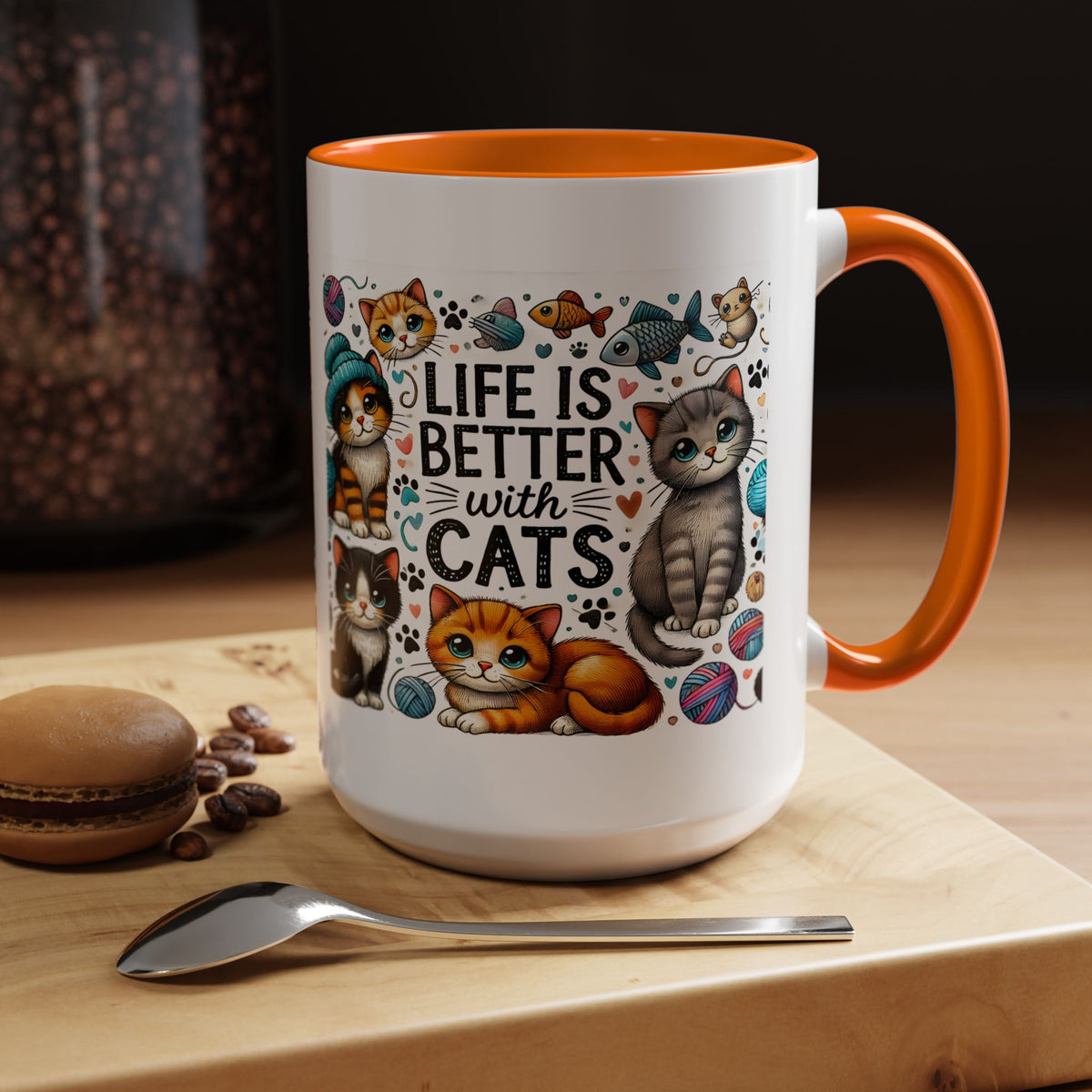 Life Is Better With Cats Accent Coffee Mug – Cute Kitten Ceramic Tea Cup (11/15oz)