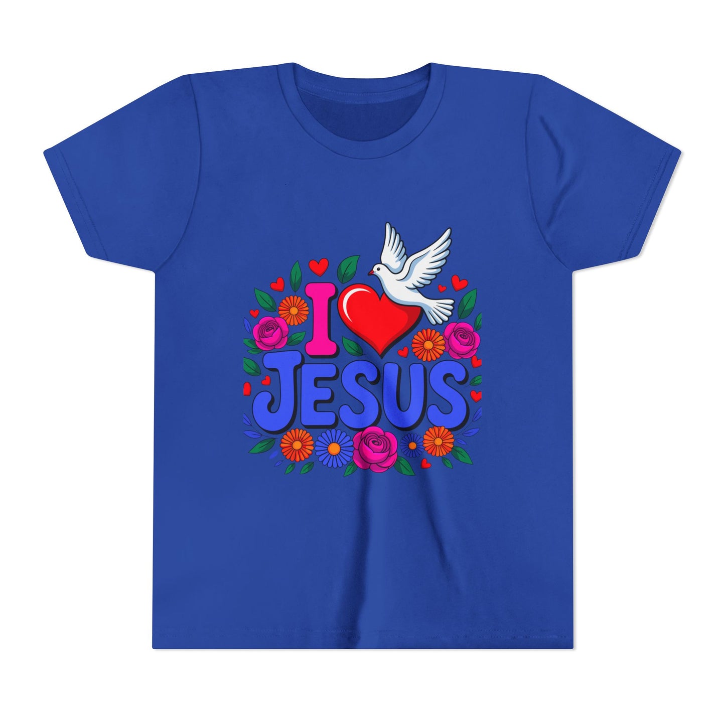 Youth Tee — "I  Jesus" Colorful Dove & Floral Christian Shirt