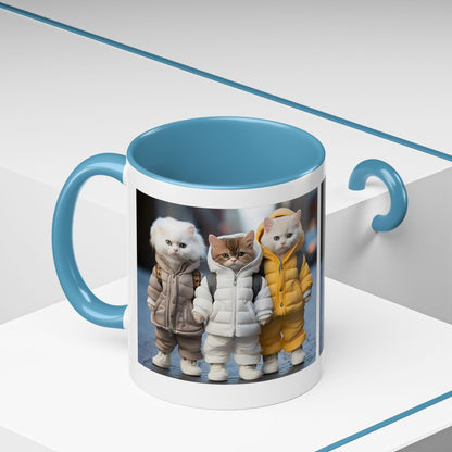 Cat Crew Accent Coffee Mug — Cute Kittens in Puffer Jackets (11/15oz)
