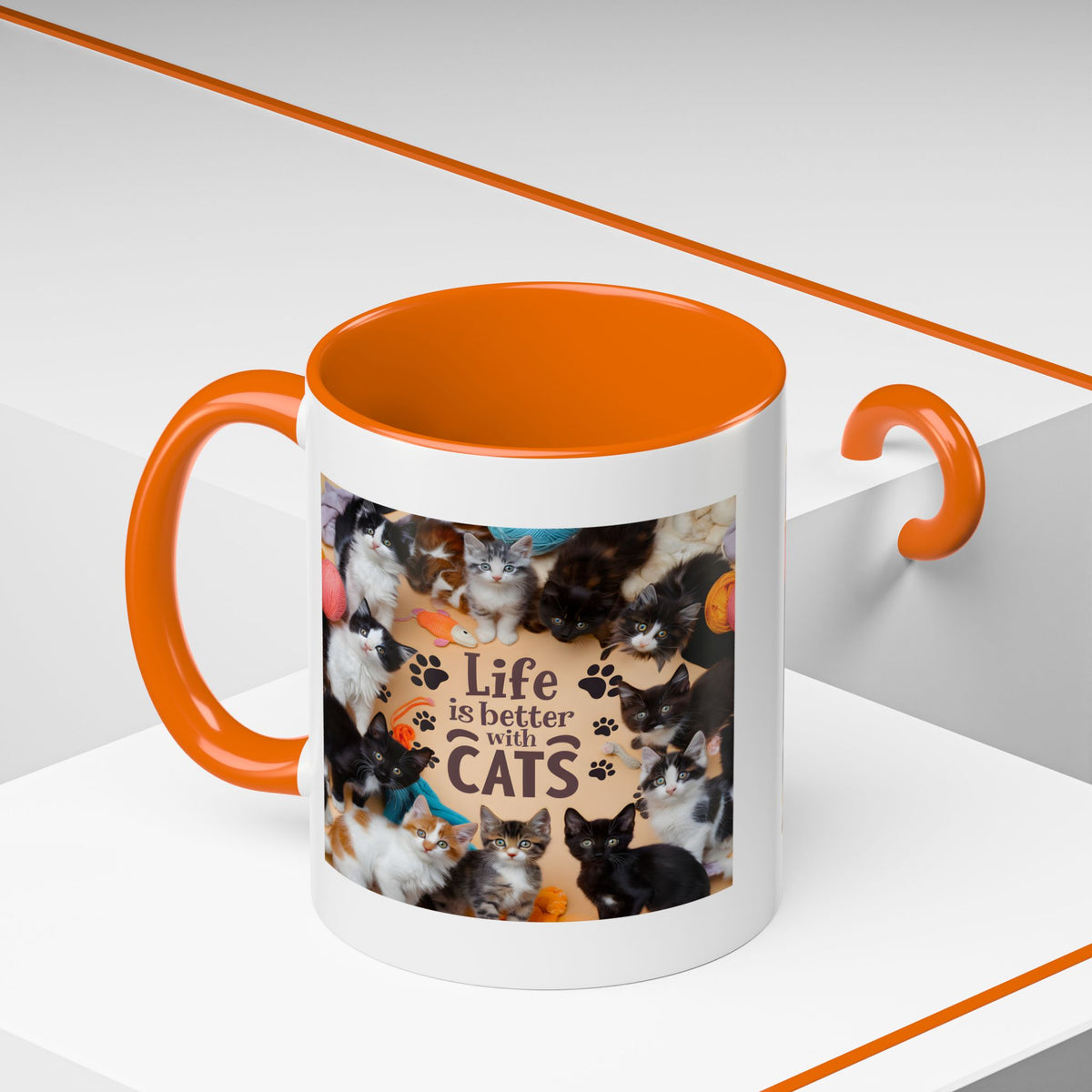 Cat Lover Accent Coffee Mug — “Life Is Better With Cats” 11/15oz