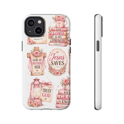 Christian Phone Case — Jesus Saves Floral Tough Case with 'God Is Within Her' & 'Trust God' Design