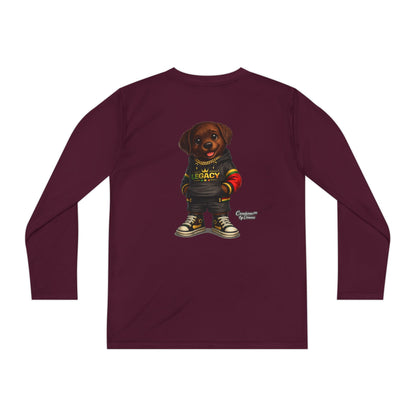 Kids Long Sleeve Tee — Brown Puppy Wearing 'Legacy' Hoodie Graphic
