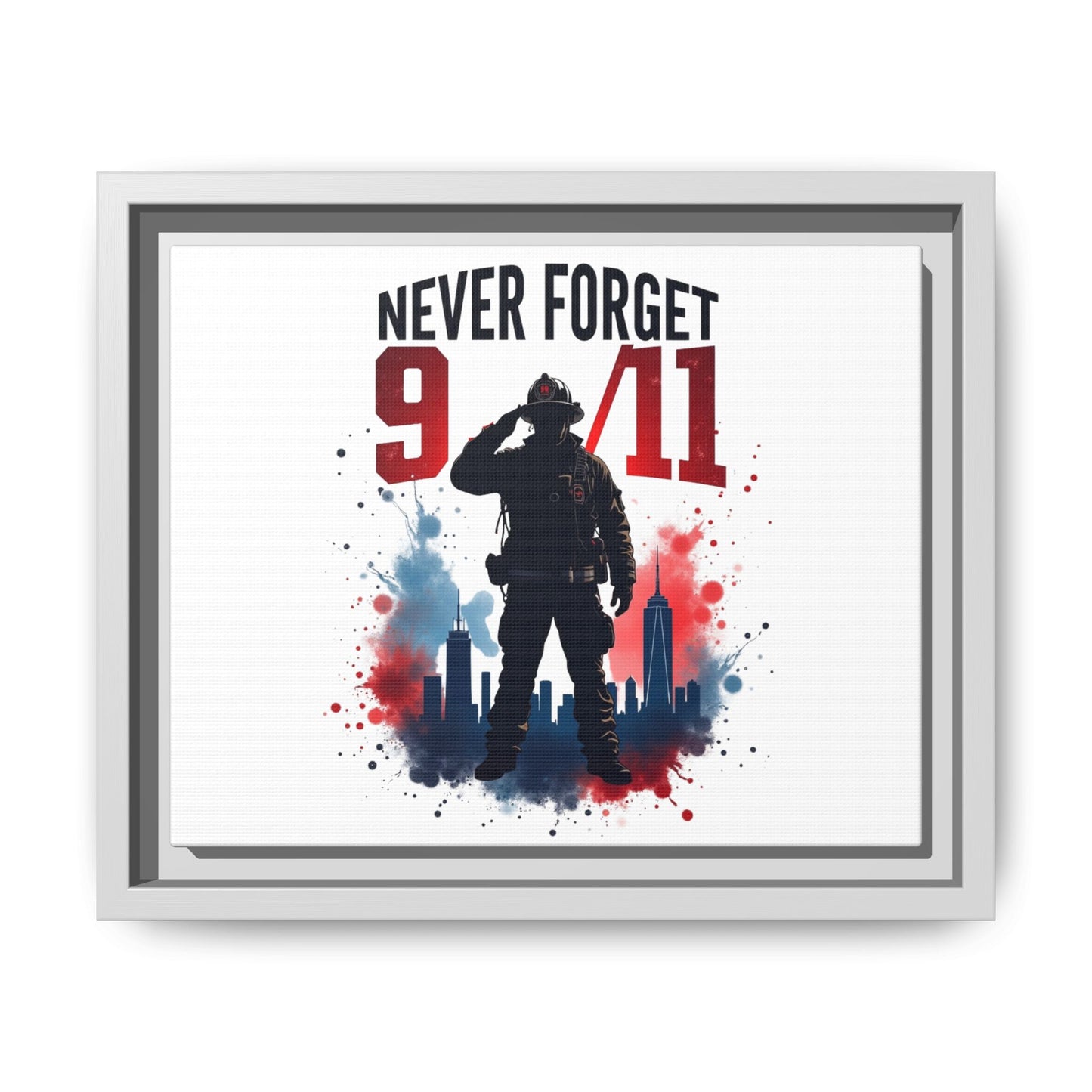 Never Forget 9/11 Framed Canvas Print — Patriotic Firefighter Memorial Art