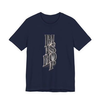 Bishop Vertical Script Tee — Vintage Gothic Lettering T-Shirt