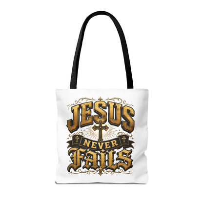 Jesus Never Fails Tote Bag — Christian Faith AOP Canvas Tote