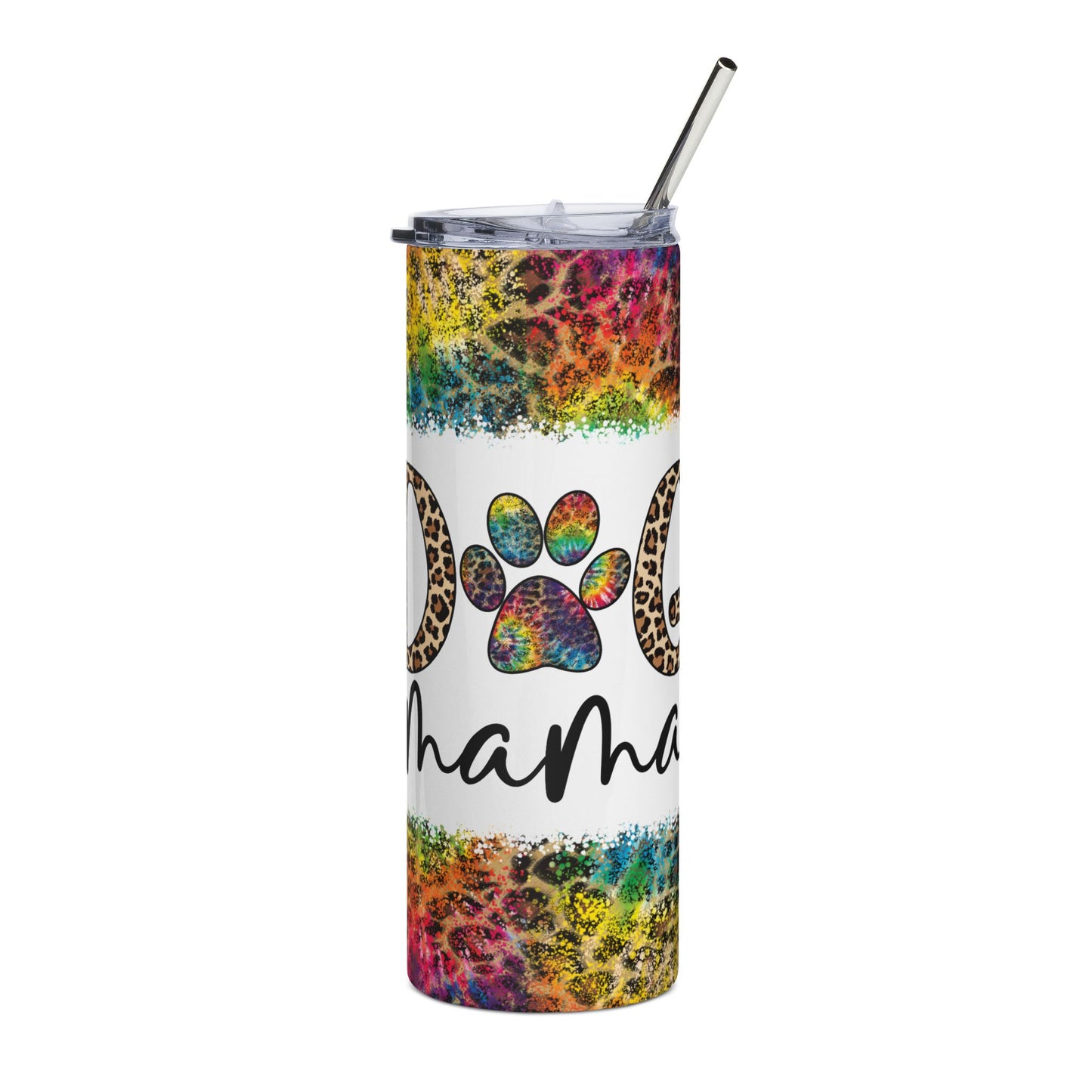 20oz Stainless Tumbler — Tie-Dye Leopard "Dog Mama" Paw Travel Mug