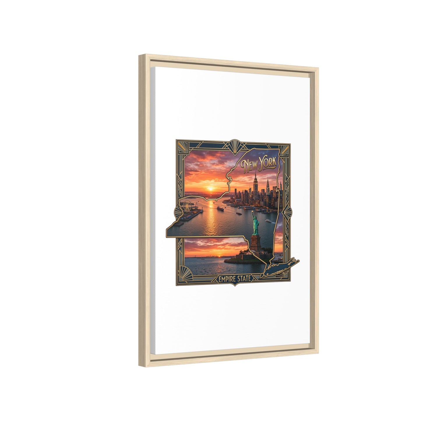 Framed Matte Canvas Wall Art — New York City Sunset Skyline with Statue of Liberty