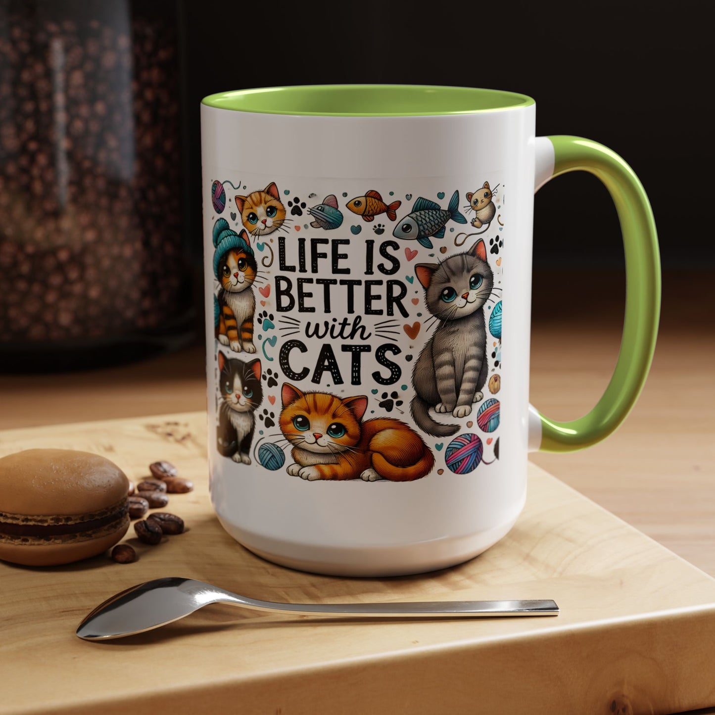 Life Is Better With Cats Accent Coffee Mug – Cute Kitten Ceramic Tea Cup (11/15oz)