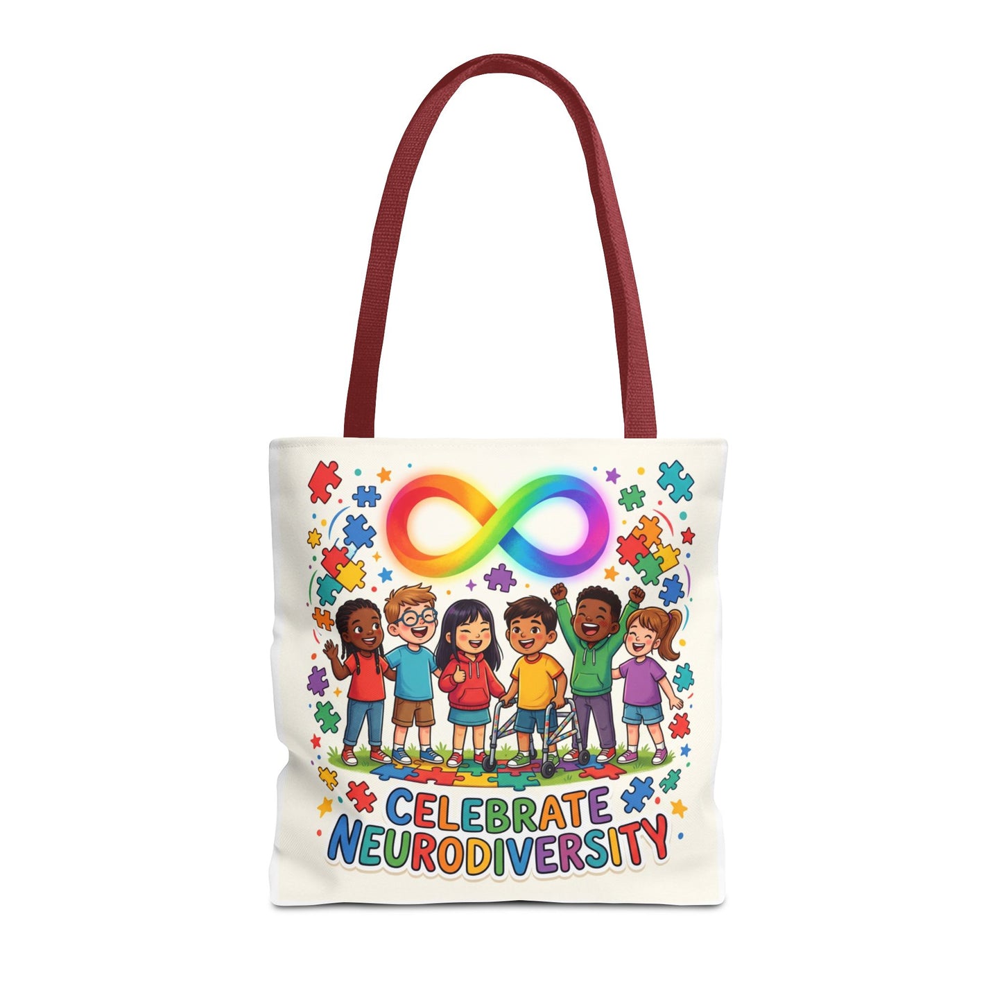 Celebrate Neurodiversity Tote Bag — Rainbow Infinity Symbol & Kids Design