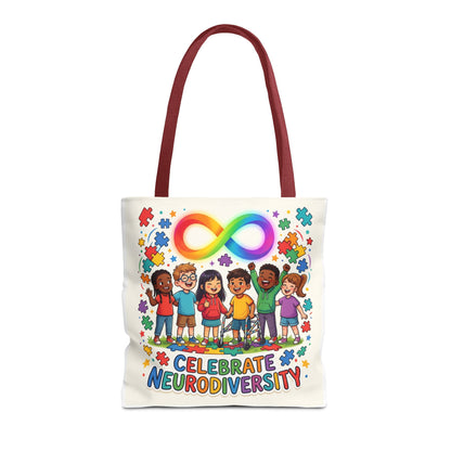 Celebrate Neurodiversity Tote Bag — Rainbow Infinity Symbol & Kids Design