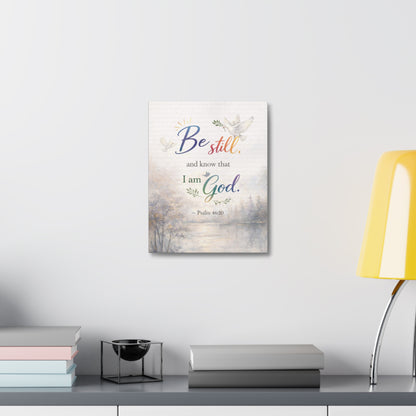 Be Still Psalm 46:10 Stretched Canvas Wall Art — Inspirational Christian Decor with Dove and Tranquil Landscape