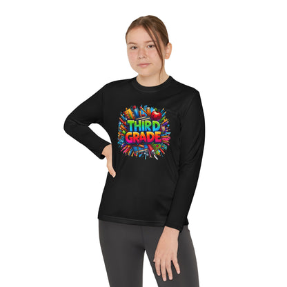Third Grade Youth Long Sleeve Tee — Colorful School Supplies Design