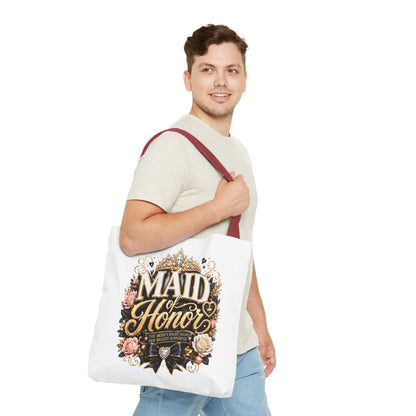 Maid of Honor Tote Bag — Elegant Bridal Party Gift with Gold Crown Floral Design