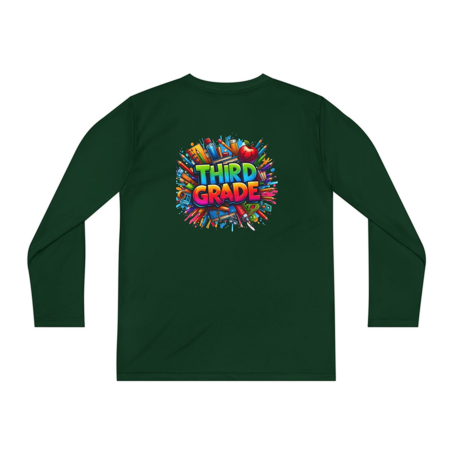 Third Grade Youth Long Sleeve Tee — Colorful School Supplies Design