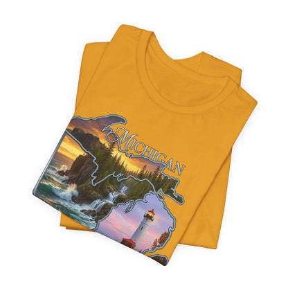 Michigan Scenic Map T-Shirt — Great Lakes Lighthouse Sunset Tee