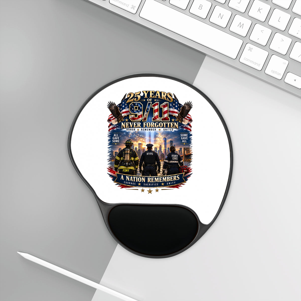 9/11 Remembrance Mouse Pad with Wrist Rest — '25 Years Never Forgotten' Memorial Design