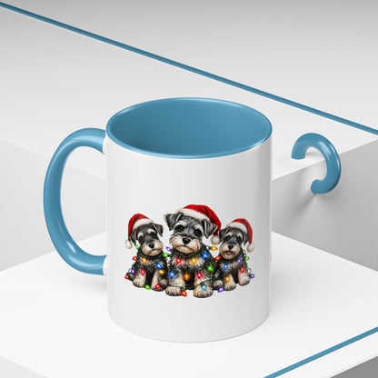 Christmas Puppy Coffee Mug — Cute Schnauzer Trio with Santa Hats & Holiday Lights (11/15oz)