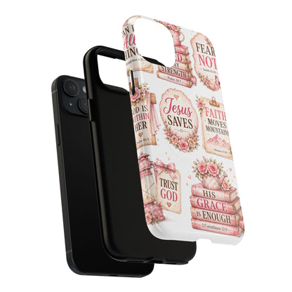 Christian Faith iPhone Tough Magnetic Case — 'Jesus Saves' Floral Scripture Design (Fear Not, Faith Moves Mountains)