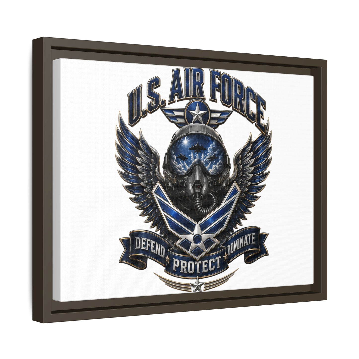 U.S. Air Force Emblem Framed Canvas Print – "Defend Protect Dominate" Military Wall Art