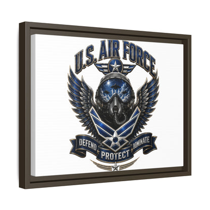 U.S. Air Force Emblem Framed Canvas Print – "Defend Protect Dominate" Military Wall Art