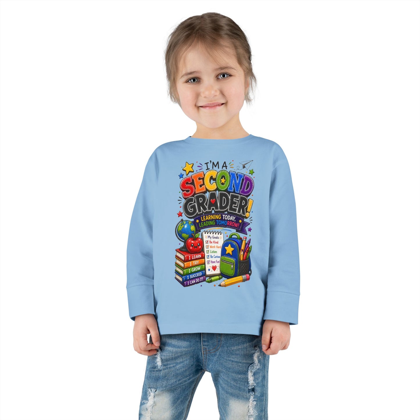 Toddler Long Sleeve Tee — "I'm a Second Grader!" Back-to-School Graphic Shirt